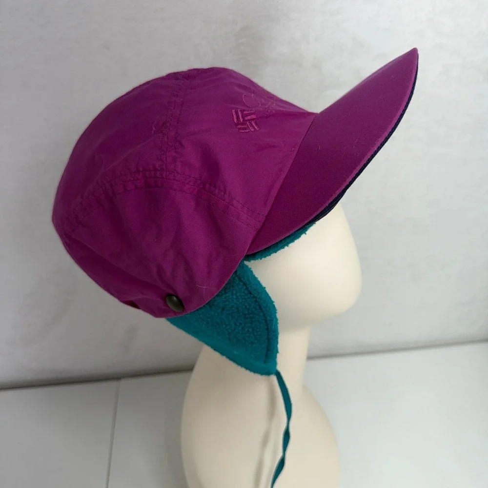 Vtg Columbia L 3 in 1 Trapper Ear Flap Cap Purple Teal Fleece Lined Gorpcore Hat